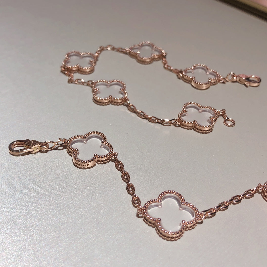 [BLUE TEARS]CLOVER 5 MOTIF ROCK CRYSTAL PINK GOLD BRACELET