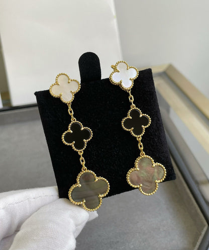 [BLUE TEARS]CLOVER 3 MOTIF MOP ONYX DARK MOP PINK GOLD EARRINGS
