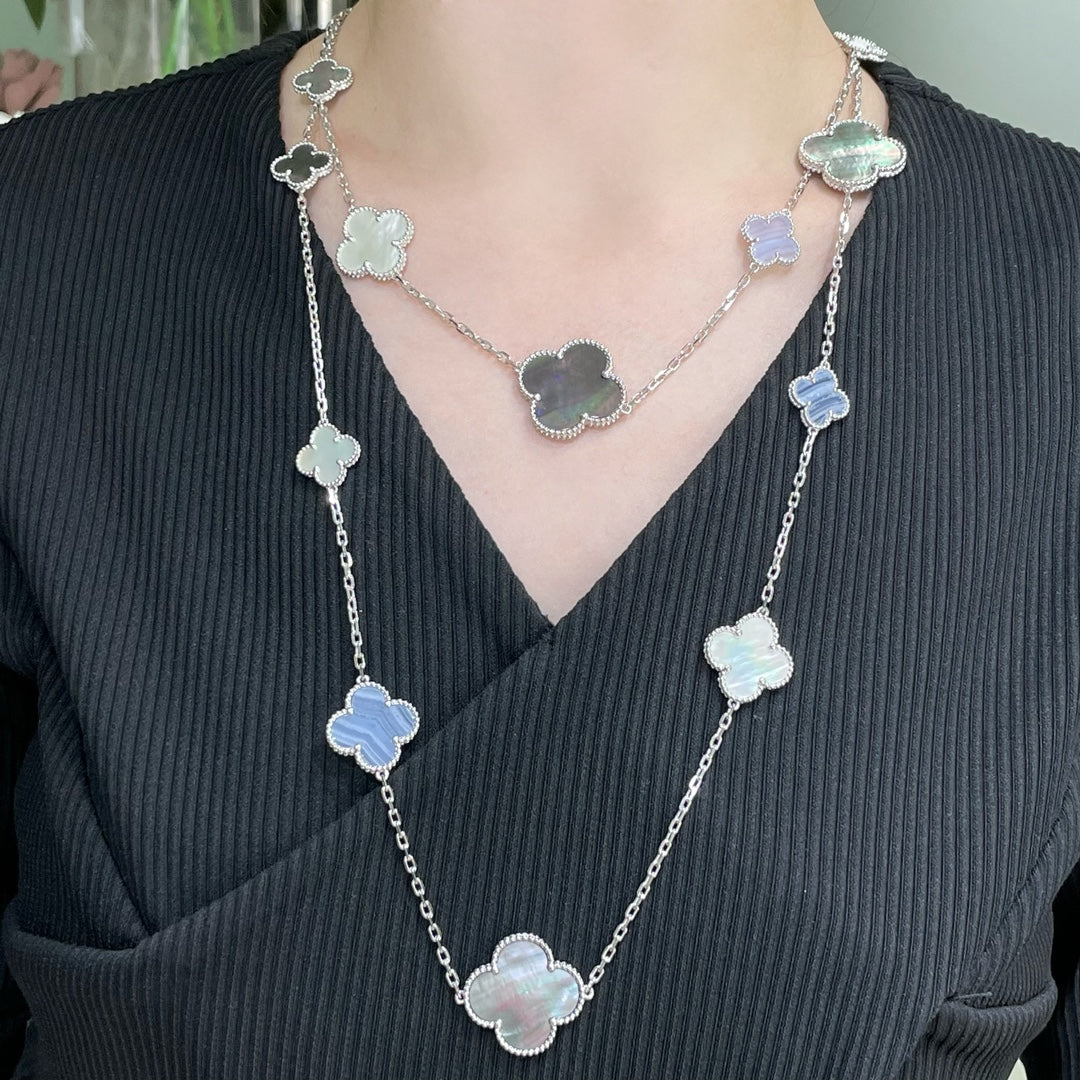 [BLUE TEARS]CLOVER 16 MOTIF CHALCEDONY MOP SILVER NECKLACE