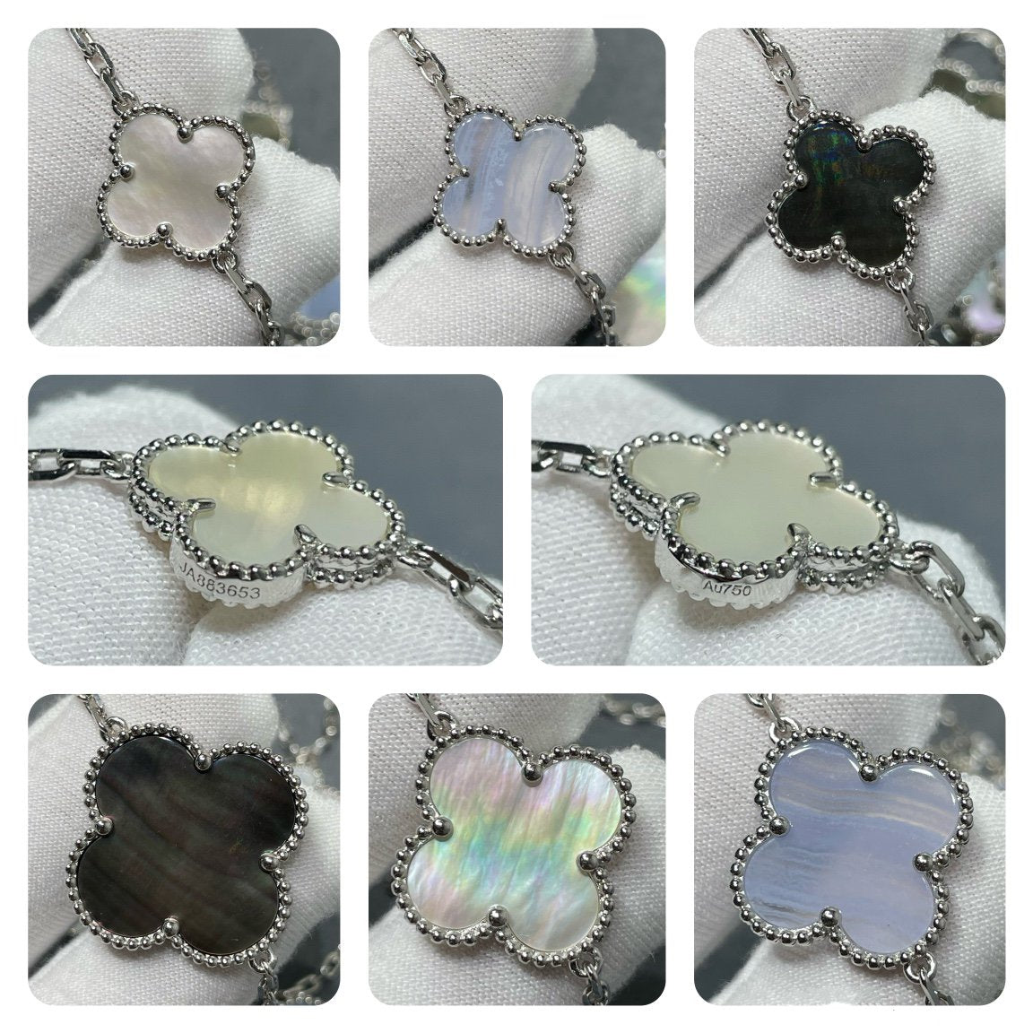 [BLUE TEARS]CLOVER 16 MOTIF CHALCEDONY MOP SILVER NECKLACE