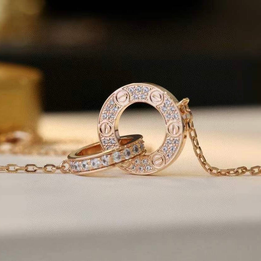 [BLUE TEARS]LOVE 7.6MM NECKLACE ROSE GOLD AND SILVER  FULL DIAMOND