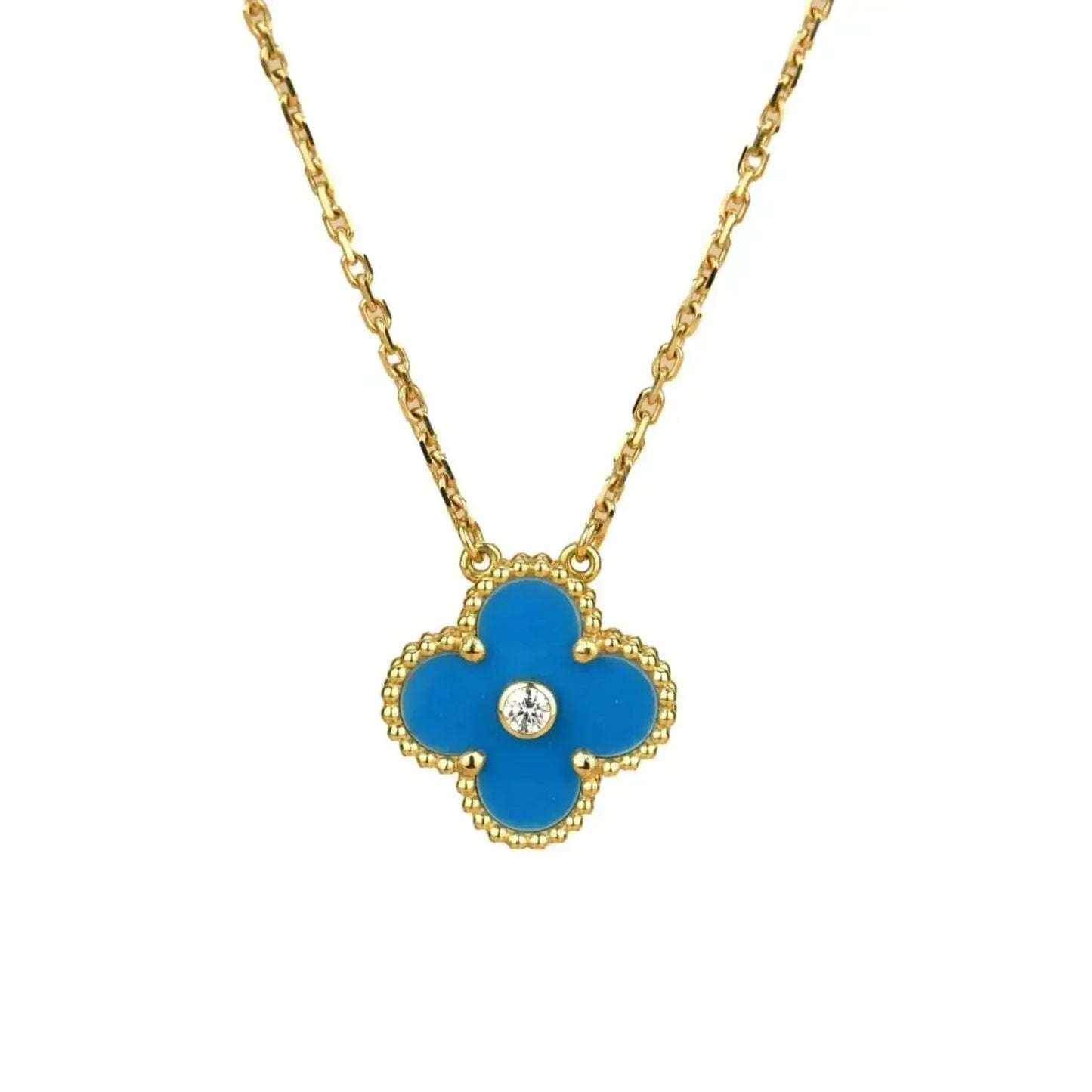 [BLUE TEARS]CLOVER 15MM DIAMOND AND BLUE AGATE NECKLACE