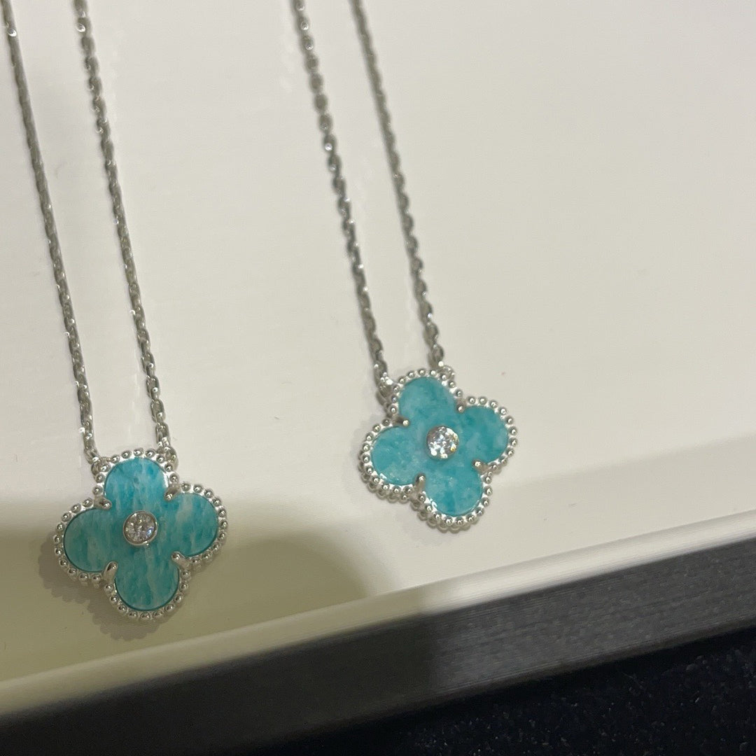 [BLAUE TRÄNEN]CLOVER 15MM DIAMANT SVRES PORZELLAN HALSKETTE SILBER