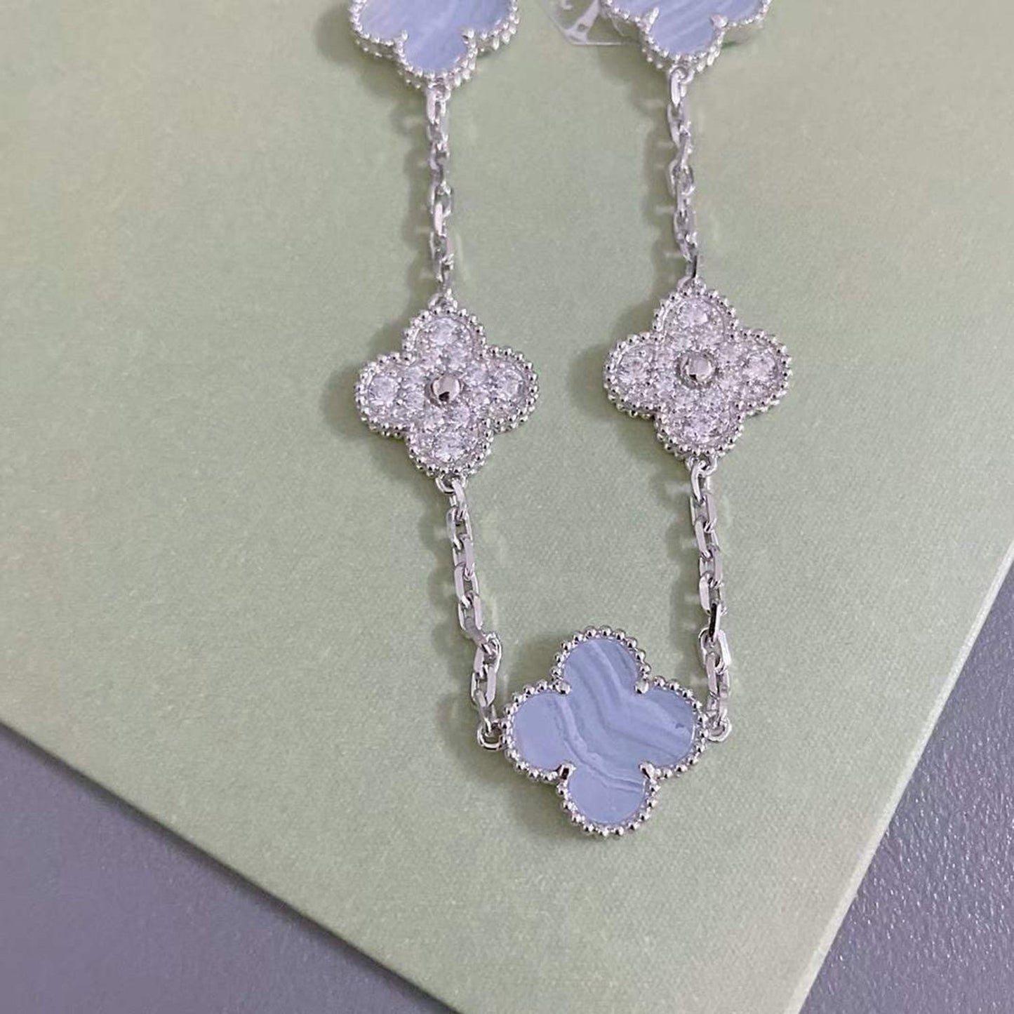 [BLUE TEARS]CLOVER  5 MOTIF DIAMOND PURPLE CHALCEDONY BRACELET SILVER