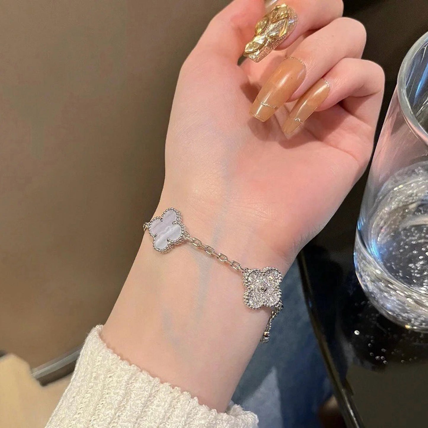 [BLUE TEARS]CLOVER  5 MOTIF DIAMOND PURPLE CHALCEDONY BRACELET SILVER