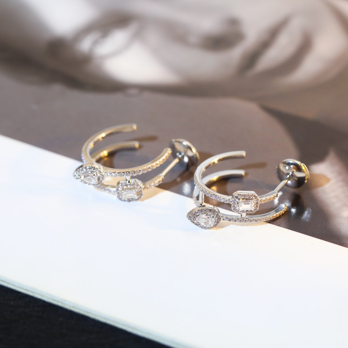 [Blue Tears Jewelry]CREOLES MY TWIN 2 RANGS SILVER DIAMOND EARRINGS