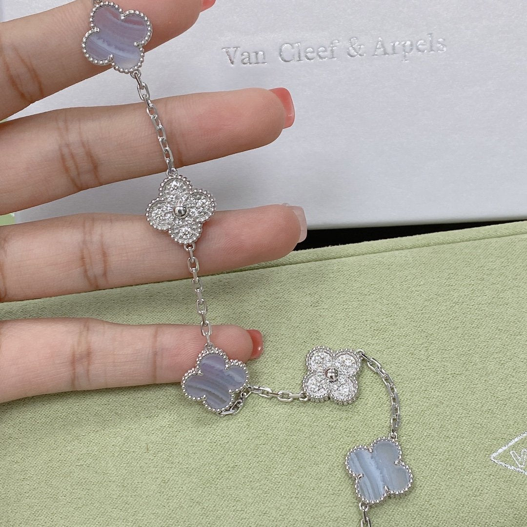 [BLUE TEARS]CLOVER  5 MOTIF DIAMOND PURPLE CHALCEDONY BRACELET SILVER