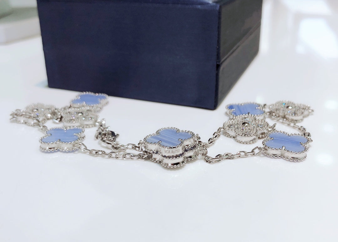 [BLUE TEARS]CLOVER 10 MOTIFS CHALCEDONY DIAMONDS SILVER NECKLACE
